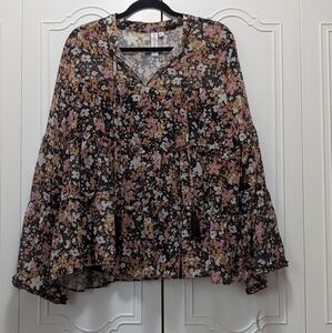Grace + Karma Women's Floral Black and Orange Bell Sleeve Blouse Size XL